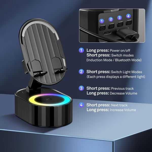 🔥2025 Upgraded Cell Phone Stand with Induction Speaker/Power Bank/Atmosphere Light